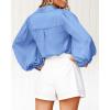 imageBTFBM Women Satin Button Down Shirts Summer Fall Lantern Long Sleeve Lapel V Neck Blouse Loose Casual Office Work TopsSolid Blue