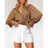 imageBTFBM Women Satin Button Down Shirts Summer Fall Lantern Long Sleeve Lapel V Neck Blouse Loose Casual Office Work TopsSolid Brown