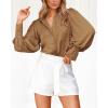 imageBTFBM Women Satin Button Down Shirts Summer Fall Lantern Long Sleeve Lapel V Neck Blouse Loose Casual Office Work TopsSolid Brown