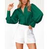 imageBTFBM Women Satin Button Down Shirts Summer Fall Lantern Long Sleeve Lapel V Neck Blouse Loose Casual Office Work TopsSolid Green