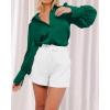 imageBTFBM Women Satin Button Down Shirts Summer Fall Lantern Long Sleeve Lapel V Neck Blouse Loose Casual Office Work TopsSolid Green