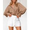 imageBTFBM Women Satin Button Down Shirts Summer Fall Lantern Long Sleeve Lapel V Neck Blouse Loose Casual Office Work TopsSolid Khaki