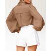 imageBTFBM Women Satin Button Down Shirts Summer Fall Lantern Long Sleeve Lapel V Neck Blouse Loose Casual Office Work TopsSolid Khaki