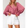 imageBTFBM Women Satin Button Down Shirts Summer Fall Lantern Long Sleeve Lapel V Neck Blouse Loose Casual Office Work TopsSolid Pink