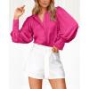 imageBTFBM Women Satin Button Down Shirts Summer Fall Lantern Long Sleeve Lapel V Neck Blouse Loose Casual Office Work TopsSolid Rose Red