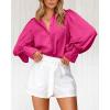 imageBTFBM Women Satin Button Down Shirts Summer Fall Lantern Long Sleeve Lapel V Neck Blouse Loose Casual Office Work TopsSolid Rose Red