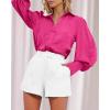 imageBTFBM Women Satin Button Down Shirts Summer Fall Lantern Long Sleeve Lapel V Neck Blouse Loose Casual Office Work TopsSolid Rose Red