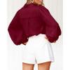 imageBTFBM Women Satin Button Down Shirts Summer Fall Lantern Long Sleeve Lapel V Neck Blouse Loose Casual Office Work TopsWine Red