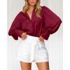 imageBTFBM Women Satin Button Down Shirts Summer Fall Lantern Long Sleeve Lapel V Neck Blouse Loose Casual Office Work TopsWine Red