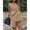 imageBTFBM Womens Blazer Vest Shorts Sets Lapel Neck Casual Sleeveless Button Down Office Summer 2 Piece Lounge Matching SetsSolid Khaki