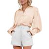 imageBTFBM Women Satin Button Down Shirts Summer Fall Lantern Long Sleeve Lapel V Neck Blouse Loose Casual Office Work TopsSolid Beige