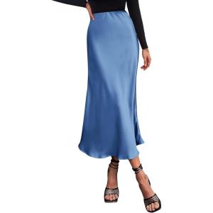 imageBTFBM 2025 Women Summer Spring Long Satin Skirt Silk Elegant High Waist Cocktail Party Wedding Flowy ALine Midi SkirtsSolid Blue