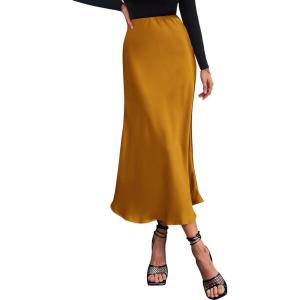 imageBTFBM 2025 Women Summer Spring Long Satin Skirt Silk Elegant High Waist Cocktail Party Wedding Flowy ALine Midi SkirtsSolid Brown Yellow