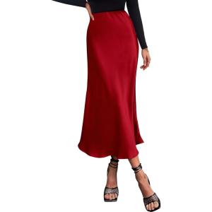 imageBTFBM 2025 Women Summer Spring Long Satin Skirt Silk Elegant High Waist Cocktail Party Wedding Flowy ALine Midi SkirtsSolid Dark Red