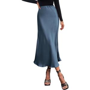 imageBTFBM 2025 Women Summer Spring Long Satin Skirt Silk Elegant High Waist Cocktail Party Wedding Flowy ALine Midi SkirtsSolid Grey Blue