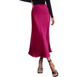 imageBTFBM 2025 Women Summer Spring Long Satin Skirt Silk Elegant High Waist Cocktail Party Wedding Flowy ALine Midi SkirtsSolid Rose Red