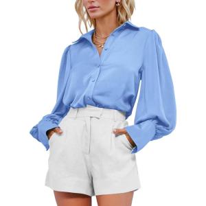 imageBTFBM Women Satin Button Down Shirts Summer Fall Lantern Long Sleeve Lapel V Neck Blouse Loose Casual Office Work TopsSolid Blue