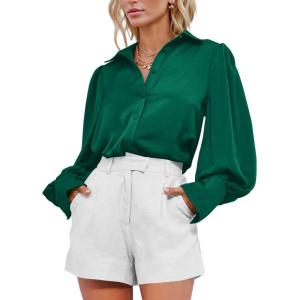 imageBTFBM Women Satin Button Down Shirts Summer Fall Lantern Long Sleeve Lapel V Neck Blouse Loose Casual Office Work TopsSolid Green