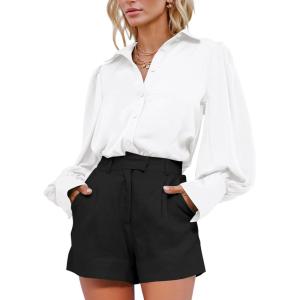 imageBTFBM Women Satin Button Down Shirts Summer Fall Lantern Long Sleeve Lapel V Neck Blouse Loose Casual Office Work TopsSolid White