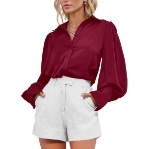 imageBTFBM Women Satin Button Down Shirts Summer Fall Lantern Long Sleeve Lapel V Neck Blouse Loose Casual Office Work TopsWine Red
