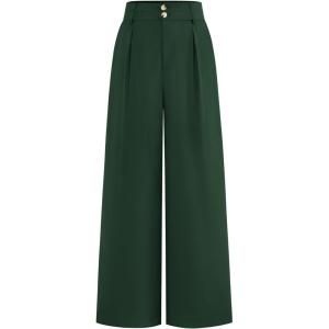 imageBTFBM Women Wide Leg Dress Pants 2025 High Waisted Button Pleated Business Casual Trousers Office Work Palazzo PantsDark Green