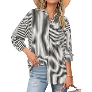 imageBTFBM Womens Button Down Shirts Striped Shirt Long Sleeve Casual Collared Office Work Loose Fit Blouses Tops PocketBlack