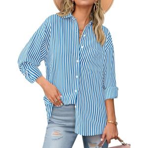 imageBTFBM Womens Button Down Shirts Striped Shirt Long Sleeve Casual Collared Office Work Loose Fit Blouses Tops PocketBlue