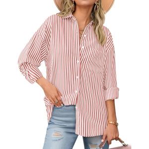 imageBTFBM Womens Button Down Shirts Striped Shirt Long Sleeve Casual Collared Office Work Loose Fit Blouses Tops PocketGrey Red
