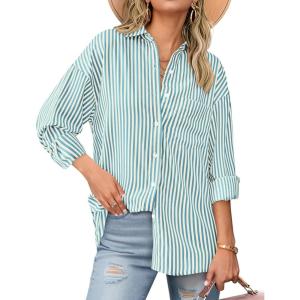 imageBTFBM Womens Button Down Shirts Striped Shirt Long Sleeve Casual Collared Office Work Loose Fit Blouses Tops PocketLake Blue