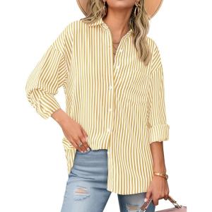 imageBTFBM Womens Button Down Shirts Striped Shirt Long Sleeve Casual Collared Office Work Loose Fit Blouses Tops PocketOrange