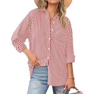 imageBTFBM Womens Button Down Shirts Striped Shirt Long Sleeve Casual Collared Office Work Loose Fit Blouses Tops PocketRed