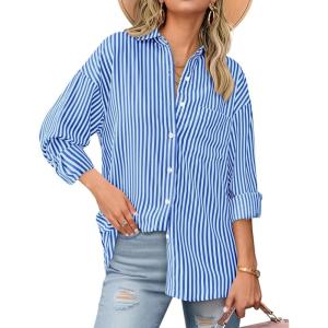 imageBTFBM Womens Button Down Shirts Striped Shirt Long Sleeve Casual Collared Office Work Loose Fit Blouses Tops PocketSky Blue