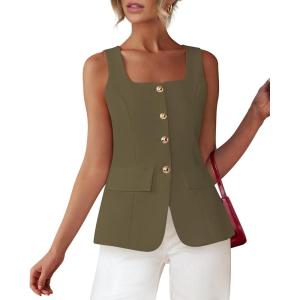 imageBTFBM Womens Sleeveless Suit Vests Dressy Casual Square Neck Business Work Waistcoat Summer Button Up Blazer Vest TopsArmy Green