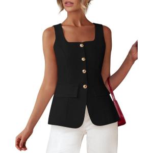 imageBTFBM Womens Sleeveless Suit Vests Dressy Casual Square Neck Business Work Waistcoat Summer Button Up Blazer Vest TopsBlack