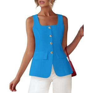 imageBTFBM Womens Sleeveless Suit Vests Dressy Casual Square Neck Business Work Waistcoat Summer Button Up Blazer Vest TopsBlue