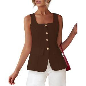 imageBTFBM Womens Sleeveless Suit Vests Dressy Casual Square Neck Business Work Waistcoat Summer Button Up Blazer Vest TopsCoffee