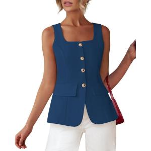 imageBTFBM Womens Sleeveless Suit Vests Dressy Casual Square Neck Business Work Waistcoat Summer Button Up Blazer Vest TopsDark Blue