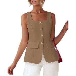 imageBTFBM Womens Sleeveless Suit Vests Dressy Casual Square Neck Business Work Waistcoat Summer Button Up Blazer Vest TopsKhaki