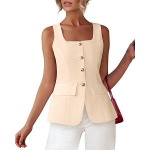 imageBTFBM Womens Sleeveless Suit Vests Dressy Casual Square Neck Business Work Waistcoat Summer Button Up Blazer Vest TopsLight Khaki