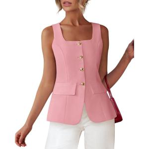imageBTFBM Womens Sleeveless Suit Vests Dressy Casual Square Neck Business Work Waistcoat Summer Button Up Blazer Vest TopsPink