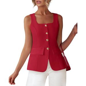 imageBTFBM Womens Sleeveless Suit Vests Dressy Casual Square Neck Business Work Waistcoat Summer Button Up Blazer Vest TopsRed
