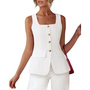 imageBTFBM Womens Sleeveless Suit Vests Dressy Casual Square Neck Business Work Waistcoat Summer Button Up Blazer Vest TopsWhite