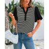 imageBTFBM 2025 Womens Summer Puff Short Sleeve Tops V Neck Casual Button Up Striped Tee Shirts Loose Color Block BlouseBlack