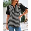 imageBTFBM 2025 Womens Summer Puff Short Sleeve Tops V Neck Casual Button Up Striped Tee Shirts Loose Color Block BlouseBlack