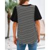 imageBTFBM 2025 Womens Summer Puff Short Sleeve Tops V Neck Casual Button Up Striped Tee Shirts Loose Color Block BlouseBlack