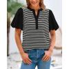 imageBTFBM 2025 Womens Summer Puff Short Sleeve Tops V Neck Casual Button Up Striped Tee Shirts Loose Color Block BlouseBlack