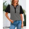 imageBTFBM 2025 Womens Summer Puff Short Sleeve Tops V Neck Casual Button Up Striped Tee Shirts Loose Color Block BlouseBlack