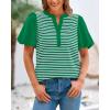 imageBTFBM 2025 Womens Summer Puff Short Sleeve Tops V Neck Casual Button Up Striped Tee Shirts Loose Color Block BlouseGreen