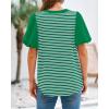 imageBTFBM 2025 Womens Summer Puff Short Sleeve Tops V Neck Casual Button Up Striped Tee Shirts Loose Color Block BlouseGreen