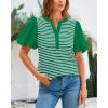 imageBTFBM 2025 Womens Summer Puff Short Sleeve Tops V Neck Casual Button Up Striped Tee Shirts Loose Color Block BlouseGreen